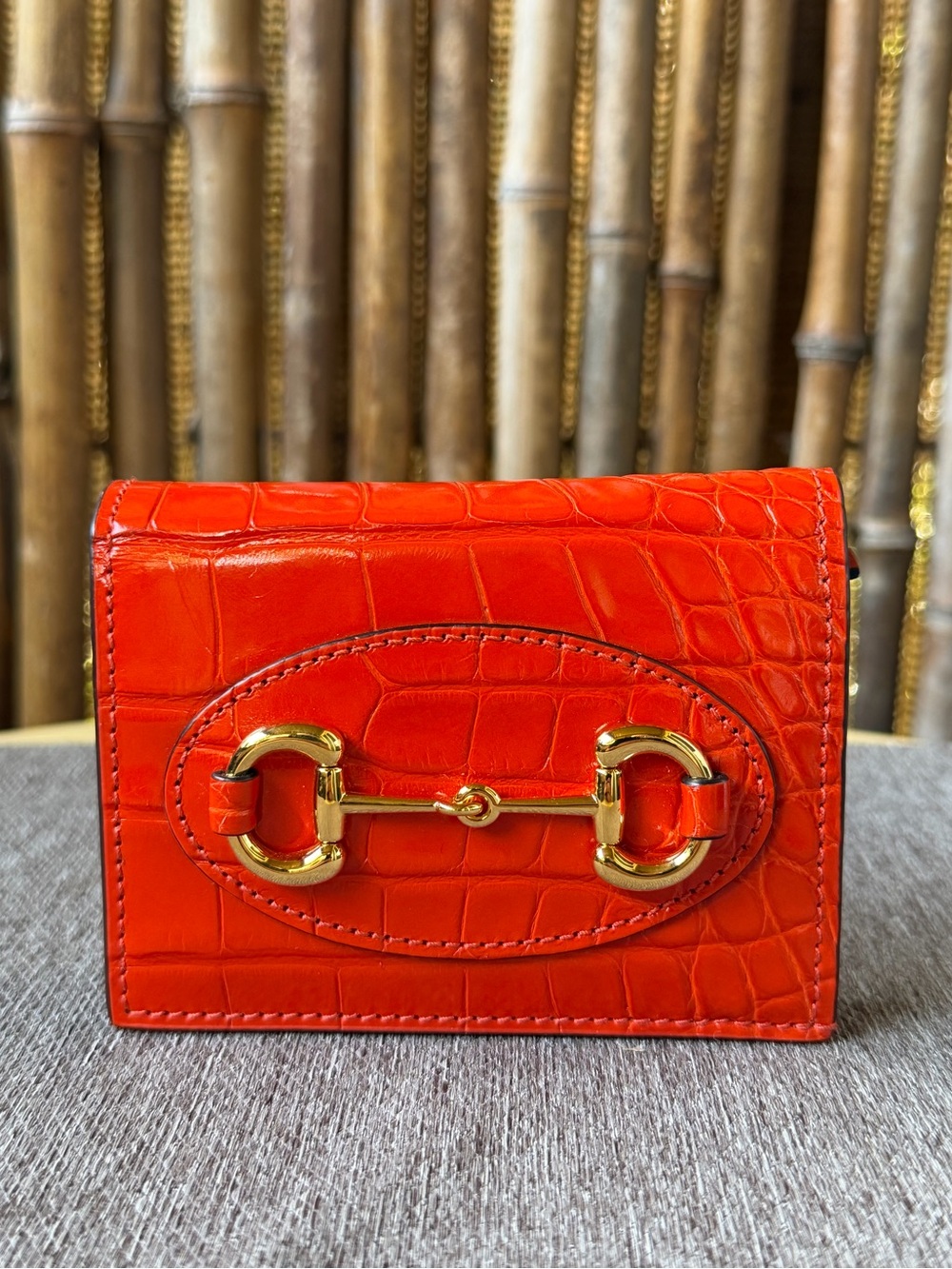 GUCCI Horsebit 1955 Crocodile Card Case Wallet In Orange